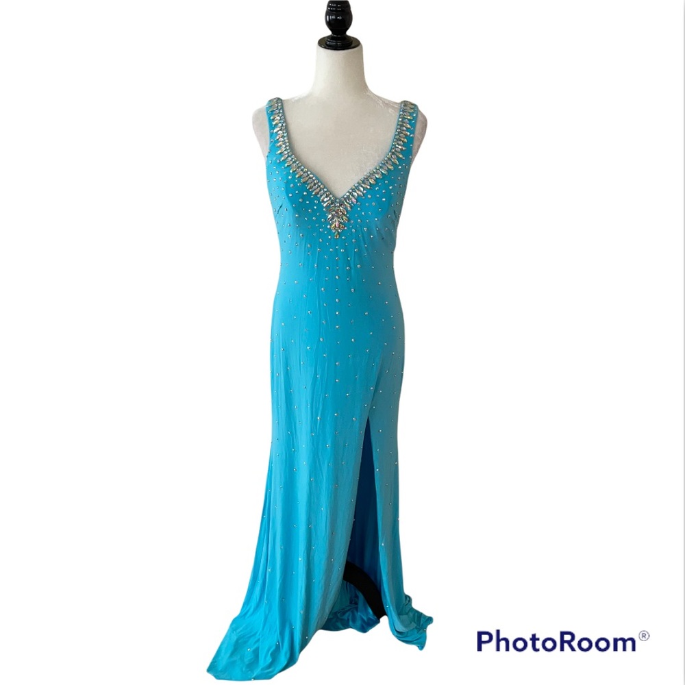 Night Moves Blue Jeweled Draped Back Gown
